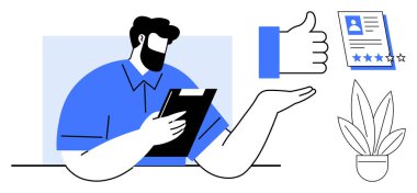 Pano tutan adam, büyük baş parmak, yıldızlı özgeçmiş değerlendirmesi, saksıda bitki. İşe alım, insan kaynakları, iş memnuniyeti, performans değerlendirmeleri, çalışan başarısı olumlu geri bildirim kariyeri için ideal