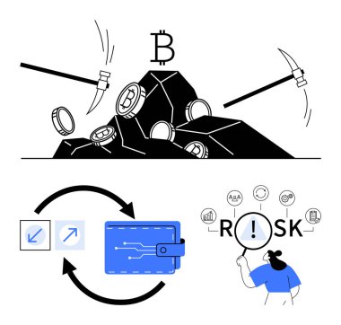Kazmalı kripto para, işlemleri sembolize eden oklu cüzdan, risk için bağlı ikonları bireysel olarak değerlendirmek. Kripto, engelleme teknolojisi, madencilik endüstrisi, dijital varlıklar için ideal
