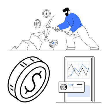 Kazma kullanan madenci, kayalardan bozuk para çıkaran büyük paralar, mobil ekranda BTC ticaret grafiği. Engelleme zinciri, kripto para birimi, madencilik, finansal büyüme, dijital ekonomi yatırımları için ideal