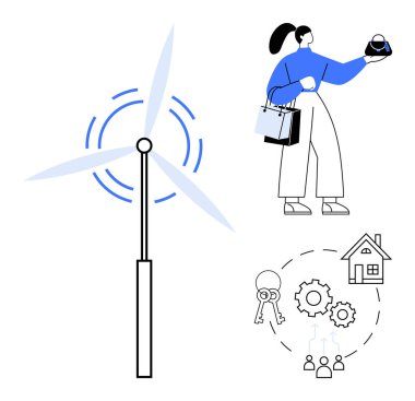 Yenilenebilir enerji üreten rüzgar türbini, alışveriş torbalarıyla kupa tutan iş kadını, anahtarlı ev, vitesler ve takım simgeleri. Sürdürülebilir enerji, gayrimenkul ve iş başarısı için ideal