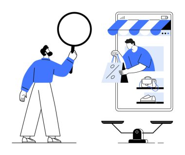 Çevrimiçi bir mağaza önünü inceleyen bir kişi tarafından tutulan büyüteç, dengeyi gösteren ölçekler. E-ticaret, çevrimiçi alışveriş, tüketici analizi, ürün araması için ideal