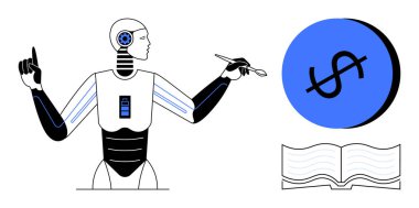 Boya fırçası ve işaret parmağı olan bir robot daire içinde bir dolar işareti ve açık bir kitap. Teknoloji, yaratıcılık, eğitim, finans, yenilik, gelecek kavramları için ideal üretkenlik