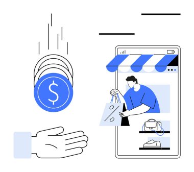 Bozuk paralar açık bir ele ve internet üzerinden mağaza vitrinli akıllı telefon ekranına düşüyor. E-ticaret, dijital alışverişler, çevrimiçi işlemler, mobil ödeme, perakende satış, sanal alışveriş için ideal