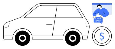 Basit bir araba taslağı ve bir dolar işareti ikonu ile birlikte nakit alan bir kişi. Otomotiv, finans, geri ödeme programları, pazarlama kampanyaları ve çevrimiçi reklamlar için ideal. Modern, temiz