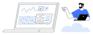 Dizüstü bilgisayarda grafikler, grafikler ve veri analizleri gösteriliyor. Yanında da dizüstü bilgisayar kullanılıyor. İş analizleri, sunumlar, veri bilimi, dijital pazarlama ve eğitim için ideal