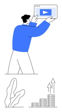 Profesyonel birinin elinde video ekranı, binaların üzerinde büyüyen oklar ve bitki resimleri var. Video pazarlama, büyüme stratejisi, iş analizi, başarı planlama, liderlik, şirket için ideal