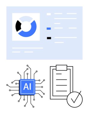 Devreli yapay zeka çipi, mavi pasta grafiği, metin verisi ve işaretli kontrol listesi. Yapay zeka, analitik, üretkenlik, görev yönetimi, teknolojik yenilik iş akışı soyut çizgi düz metafor için idealdir