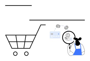 Alışveriş arabası, elinde büyüteç tutan kadın ödemeleri ve mali verileri analiz ediyor. E-ticaret, çevrimiçi alışveriş, güvenli işlemler, mali izleme, iş büyümesi, dijital