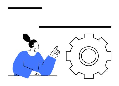 Mavi bluzlu kişi, fikirleri, süreçleri veya mekanizmaları vurgulayan büyük vites sembolünü işaret ediyor. Takım çalışması, planlama, yenilik, teknoloji, geliştirme, strateji soyut çizgisi için ideal