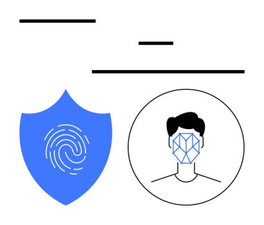Parmak izli mavi kalkan, yüz tanıma sistemli kafa, dijital çizgiler. Siber güvenlik, kimlik doğrulama, veri gizliliği, yapay zeka teknolojisi, kimlik doğrulama, biyometrik soyut