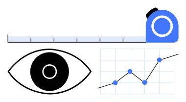 Göz grafiği, mezura ve çizgi grafiği izleme sürecini, veri analizini ve ölçümü sembolize ediyor. Analiz, iş stratejisi, vizyon, büyüme izleme hassasiyeti soyut çizgisi için ideal