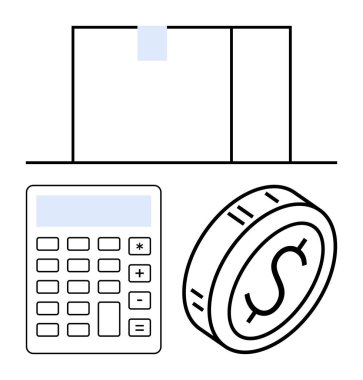 Kutu, hesap makinesi ve madeni para e-ticareti, maliyet yönetimini, nakliyatı, ambalajlamayı, bütçe planlamasını ve lojistiği sembolize ediyor. İş kavramları ve soyut düz metafor için idealdir.