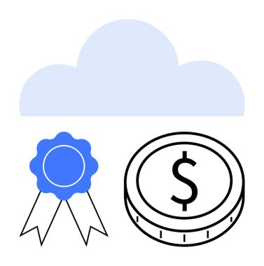 Mavi kurdeleli bulut grafiği ve bir dolarlık para. Bulut teknolojisi, finans, ödüller, kalite, yenilik, iş büyümesi, tasarruf için ideal. Soyut çizgi düz metafor