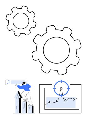 Dişliler süreci sembolize eder, hedef odaklı grafiği çizer, çubukların üstündeki büyüme ölçümlerini analiz eder. İş stratejisi, verimlilik, analitik, hedef belirleme, takım çalışması yeniliği, soyut çizgi için ideal