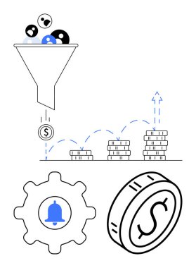 İnsanları para oluşumuna filtrelemek için para yığınları, alarm zilli teçhizatlar ve dolar sikkeleri. Pazarlama, finans, büyüme, iş akışı, yatırım, satış soyut çizgisi için ideal