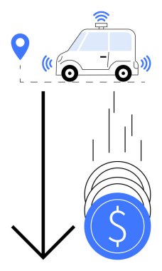 Konum işaretleyicisi, kablosuz sinyalleri, dikey oku ve bozuk paraları olan otonom bir araç. Maliyet analizi için ideal, akıllı ulaşım, otonom sürüş, GPS izleme, finansal yardım yeniliği