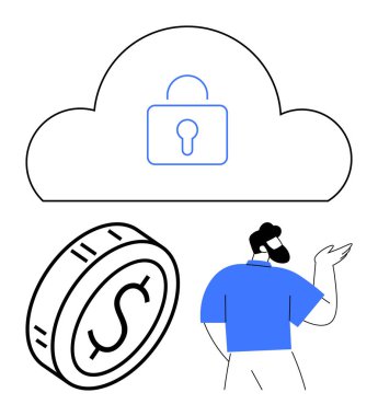 Mavi gömlekli adam bulut ve asma kilit ve bozuk parayla karşı karşıya, güvenli online finansal sistemleri vurguluyor. Siber güvenlik, bulut bilgisayarı, fintech, bankacılık, mahremiyet, dijital cüzdanlar, soyut satır