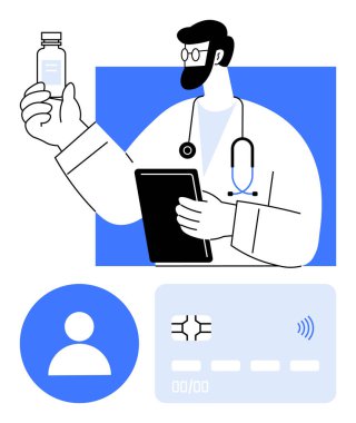 Steteskoplu bir doktor ilaç şişesi tutuyor, tablet verilerini inceliyor, dijital kimlik kartı kullanıyor. Sağlık hizmetleri, teletıp, dijital kimlik, e-reçeteler, tıbbi teknoloji, İnternet için ideal