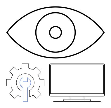 Göz ve dişli simgeleri, görme teknolojisini, sistem gelişimini ve optimizasyonu temsil eden bir bilgisayar monitörünün yanında. Teknolojik çözümler, geliştirme süreçleri, sistem izleme, yazılım için ideal