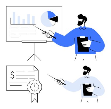 Sunucular, üzerinde para birimi sembolü ve saati olan bir sertifikaya işaret eden grafikler ve pasta diyagramları olan bir tabloda mali verileri analiz ederler. İş raporları, finansal analizler, kurumsal analizler için ideal