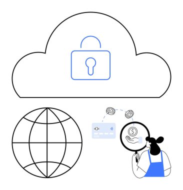 Kilit simgesi olan bulut, dünya ızgarası, büyüteçle kredi kartını inceleyen kişi ve biyometrik. Veri güvenliği, mahremiyet, küresel ağlar, mali koruma, kimlik doğrulama için ideal