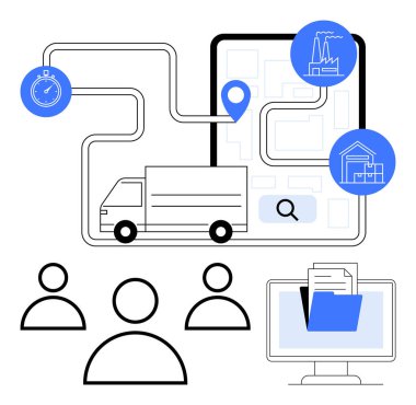 Konum kodu ve kronometresi haritalı nakliye kamyonu, ofis dosya yönetimi, fabrika, depo ve takım işbirliği simgeleri. Lojistik, tedarik zinciri, işlemler ve takım çalışması için ideal