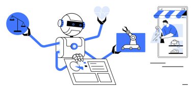 Çoklu kollara sahip çok işlevli bir robot. Pullar, kalpler, dokunmatik ekranlar, robotik kol ve online alışveriş. Otomasyon, yapay zeka, endüstri 4.0 e-ticaret dijital dönüşüm için ideal