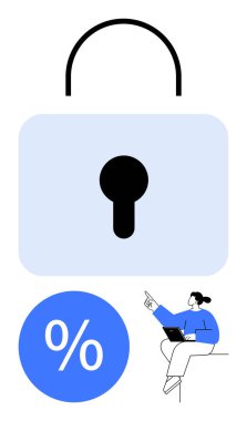 Büyük asma kilit, mavi yüzde işareti, dizüstü bilgisayarı olan bir kadın. Siber güvenlik, veri koruması, mali analiz, dijital güvenlik, şifreleme, çevrimiçi gizlilik için ideal