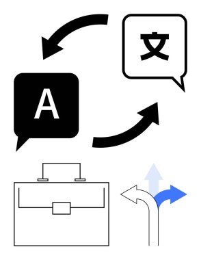 Oklarla birbirine bağlı iki konuşma balonu dil çevirisini temsil ediyor. Bir evrak çantası ve farklı oklar iş çözümlerini, karar verme mekanizmasını ve iletişim akışını gösteriyor. Genel için ideal