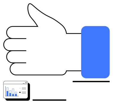 Büyük bir el, küçük bir analitik çizelgeyle eşleştirilmiş baş parmak hareketi yapıyor. Geri bildirim, başarı, sosyal onay, iş büyümesi, performans ölçümleri, iletişim, soyut düz çizgi için ideal
