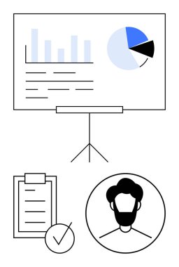 Sunum tahtasında bar ve pasta grafikleri, profil simgesi, işaretli liste. İş için ideal, proje planlaması, veri analizi, takım çalışması, strateji, eğitim soyut çizgisi