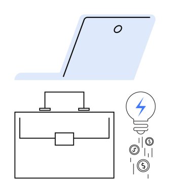 Kısmi dizüstü bilgisayar, evrak çantası, yıldırımlı ampul ve düşen paralar. Yenilikçilik, girişimcilik, iş stratejisi, girişimcilik verimliliği teknolojisi için idealdir. Soyut satır düzlüğü