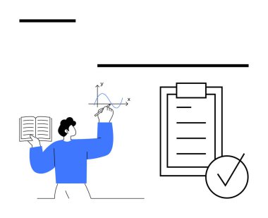 Büyük listeyi işaretli olarak analiz ederken kitabı tutan kişi. Eğitim, veri analizi, üretkenlik, planlama, proje yönetimi, organizasyon, soyut çizgi düz metaforu için ideal