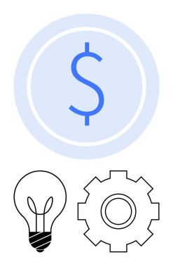 Çemberin içinde dolar işareti, ampul ve teçhizat. Finans, yenilik, üretkenlik, iş geliştirme, teknoloji, ekonomik büyüme ve soyut düz çizgi metaforu için ideal