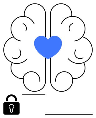Merkezde kalp olan soyut beyin ve üste asma kilit akıl sağlığı, duygusal zeka ve güvenliği sembolize ediyor. Farkındalık, terapi, denge, kişisel bakım, kişisel büyüme için ideal