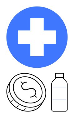 Mavi tıbbi haç, üzerinde dolar işareti olan siyah beyaz sikke, siyah beyaz ilaç şişesi. Sağlık hizmetleri, tasarruf planları, sağlık giderleri, ilaç endüstrisi, sağlık sigortası için ideal