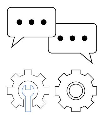İletişim için noktalı konuşma baloncukları, aletleri, süreçleri ve mekaniği sembolize eden dişliler. İşbirliği, sorun giderme, takım çalışması, teknik destek, yazılım otomasyonu soyut çizgisi için ideal
