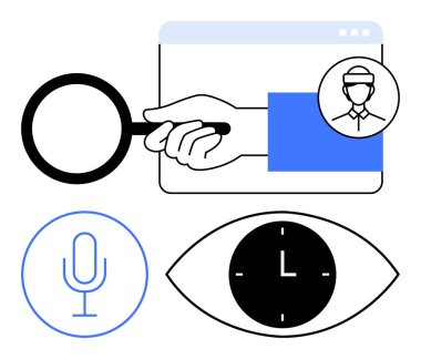 Büyüteçle, tarayıcıyla, kullanıcı avatarıyla, saatli gözüyle ve mikrofon ikonlarıyla. Arama, zaman yönetimi, izleme, dijital kimlik teknolojisi analizi için ideal ses tanıma