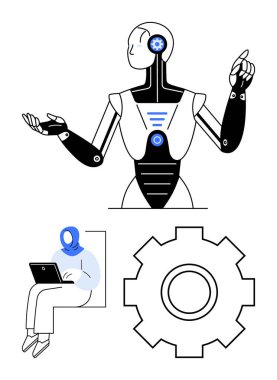İnsansı robot hareketi, dizüstü bilgisayarda çalışan kişi ve vites simgesi. Yapay zeka geliştirme, otomasyon, takım çalışması, eğitim, yenilik, teknoloji açıklaması için ideal düz çizgi metaforu
