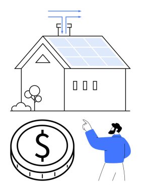 Güneş panelli ev, enerji akışını gösteren oklar dolar işaretli bozuk para, adam işaret ediyor. Sürdürülebilirlik, enerji verimliliği, yenilenebilir enerji, tasarruf, yatırımlar çevre dostu yaşam için ideal