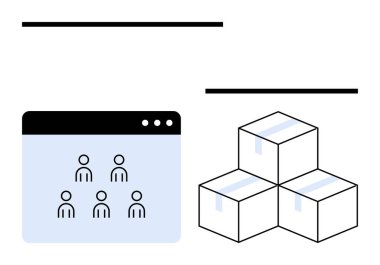 Tarayıcı penceresinde istiflenmiş karton kutularla eşleştirilmiş insanlar simgeleri. Takım çalışması, iletişim, lojistik, tedarik zinciri, e-ticaret, görev yönetimi, soyut düz metafor için ideal