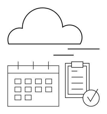 Bulut, takvim şebekesi, kontrol işaretli görev planlama, zamanlama, veri depolama ve üretkenlik kavramlarını görselleştiren kontrol listesi. Verimlilik, uzaktan çalışma, dijital araçlar organizasyonu için ideal