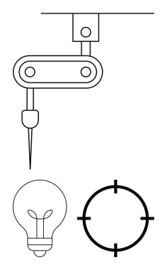 Delme makinesi tavandan asılmış, ampul soldan aşağıda, hedef sağdan dört çeyrek daire aşağıda. Teknoloji, üretim, yenilik, yaratıcılık, kesinlik, odaklanma mühendisliği için ideal