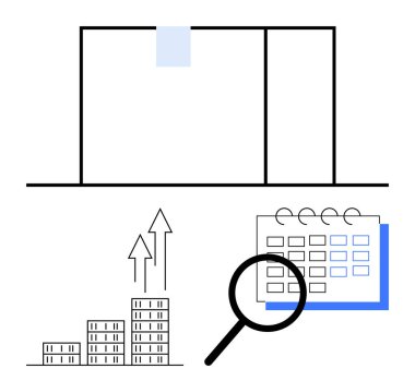 Takvimin üzerinde büyüteç, yukarı doğru eğimli okları olan binalar ve en düşük ofis ayarları. Finans, büyüme takibi, verimlilik, planlama, analiz, strateji soyut çizgisi için ideal