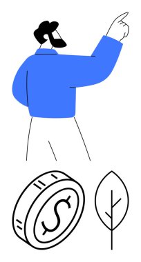 Sakallı adam yukarı doğru mavi gömlekli, bozuk para ve yaprakla hareket ediyor. Finans, büyüme, ekoloji, yatırım, sürdürülebilirlik, çevre dostu kavramlar, soyut iş stratejisi için ideal