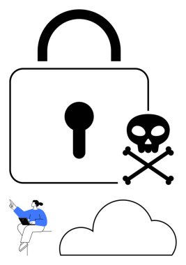 Anahtar deliğiyle kilidi kilitle, bilgisayarı, bulutu ve kafatası çapraz kemikleri olan biri güvenliği gösteriyor. Siber güvenlik, veri koruması, İnternet güvenliği, mahremiyet, çevrimiçi tehditler için ideal dijital güvenlik