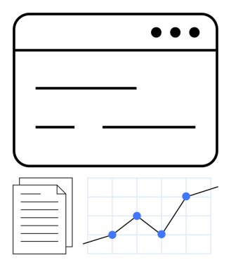 Metin satırlı tarayıcı penceresi, düğümlü satır grafiği ve belge yığını. Veri görselleştirme, web analizleri, üretkenlik araçları, proje yönetimi, raporlar, eğitim soyut çizgisi için ideal