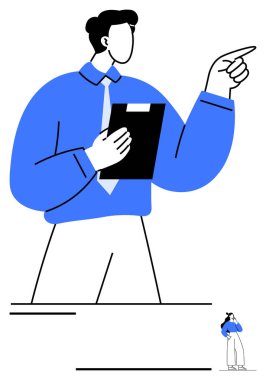 Bir pano tutarken büyük profesyonel jestler yaparak dikkatleri üzerine çekiyor. Aşağıdaki küçük birey hiyerarşiyi ya da nüfuzu öneriyor. Liderlik, otorite, rehberlik, akıl hocalığı, denetim için ideal