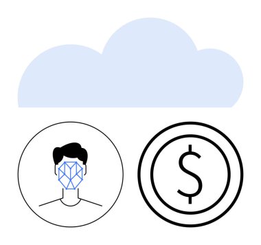 Yüz haritalama ikonu ve para birimi işaret çemberinin üzerinde bulut var. Veri güvenliği, biyometrik, finans, bulut hesaplama, dijital kimlik, yapay zeka işlemleri, soyut çizgi düz metaforu için ideal