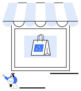 Tenteli vitrin, içinde geri dönüşüm simgesi olan kağıt torba, sürdürülebilirlik kavramına işaret eden kişi. Perakende satış, çevre bilinci, eko-ticaret, küçük işletme, sürdürülebilirlik, yeşil